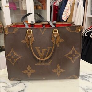 Louis Vuitton Brown Monogram Canvas Tote with Red Interior